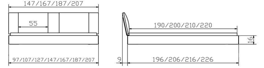 Masse des Woodline Bettrahmens mit Varus Kopfteil